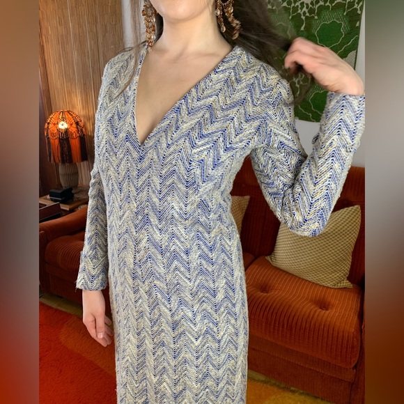 70s Hippie Era Handmade Woven Chevron Maxi Dress, M - Picture 7 of 8